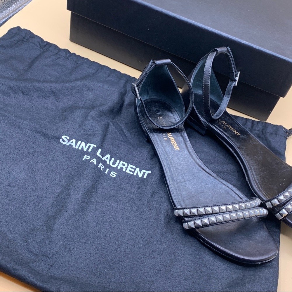 Saint Laurent Venice Double-Strap Black Leather Studded Sandals 37/ US 7 - Picture 8 of 9